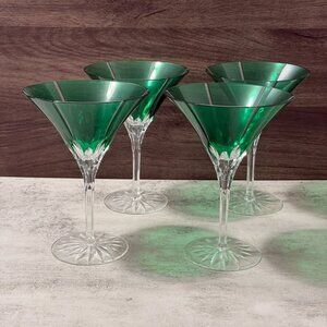 Vintage 80s Ajka Castille Albinka Green Cut to Clear S/Four Martini Glasses MINT